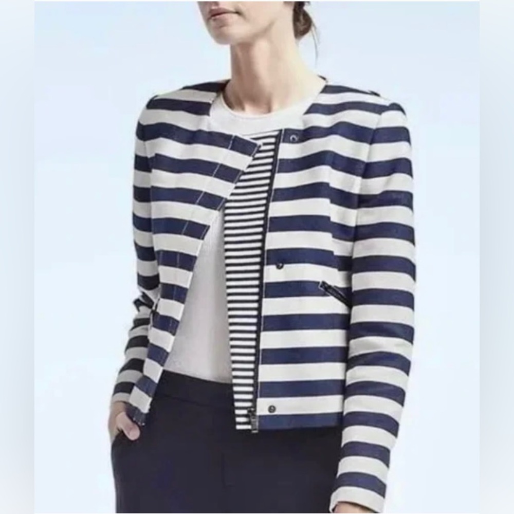 Banana Republic, cotton motorbike cropped jacket, stripes white & navy